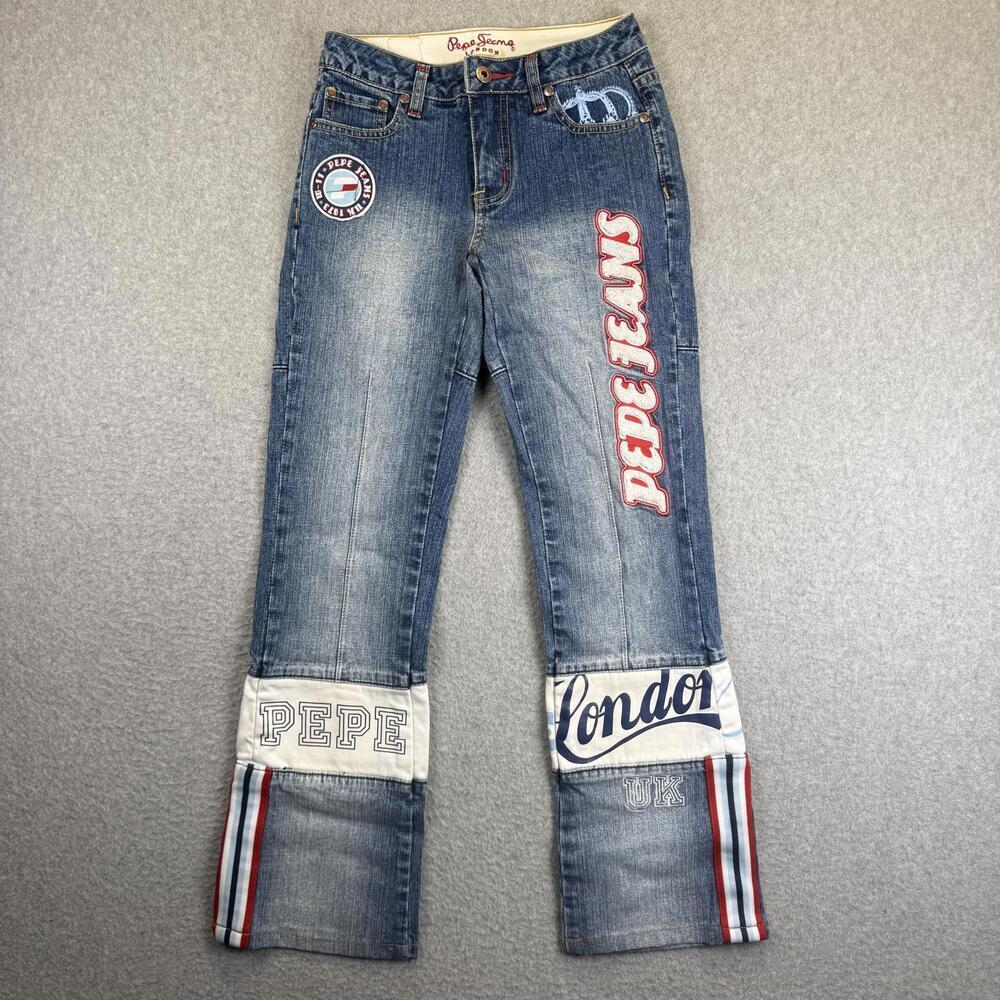 Vtg Pepe Jeans 73 London Women's 24 Baggy Embroidered Patch Blue Knee Pocket Y2K